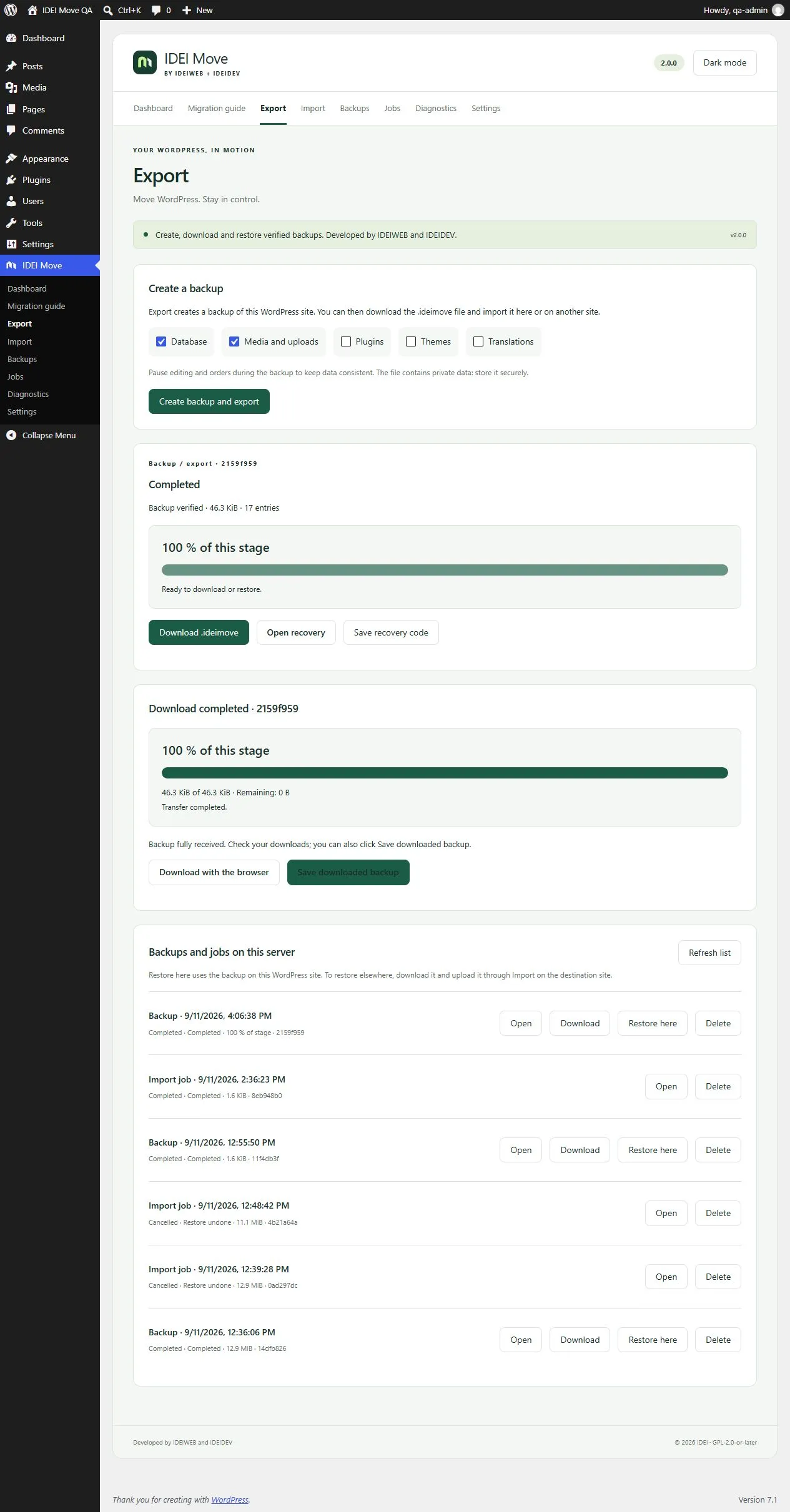 Pantalla oficial de exportación de IDEI Move con selección de componentes y copia verificada
